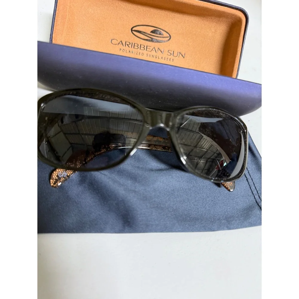 Caribbean Sun Polarized Sunglasses Black Oversized Rhinestone Gold Arms + Case